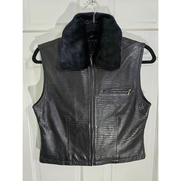 Saguaro Black Genuine Leather Crocodile Embossed Vest Faux Fur Collar‎ Small - Picture 10 of 11